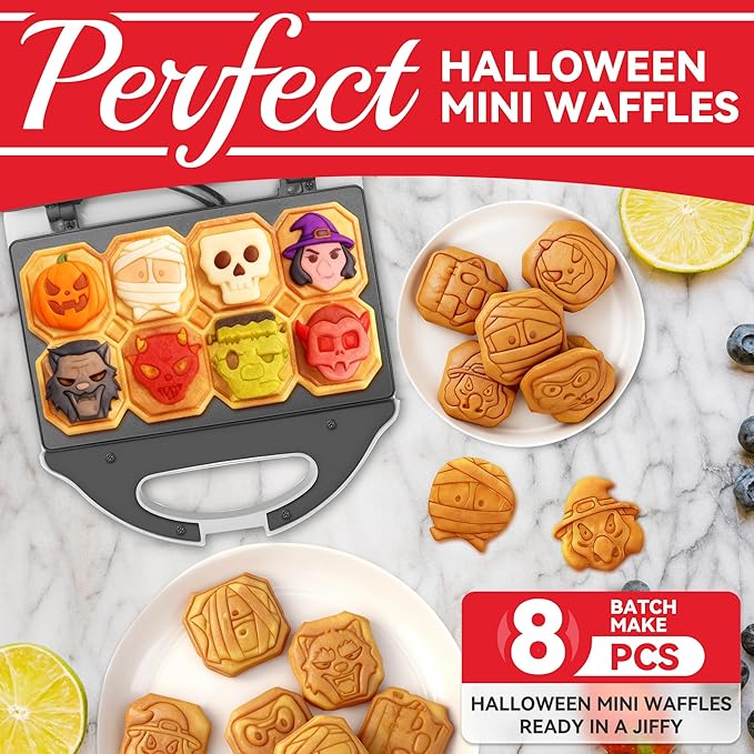SugarWhisk Spooky Mini Waffle Maker for Kids, Mini Pancake Maker Machine, Electric Small Waffle Iron, 8 Fun Character Waffle Maker, Gift for Christmas Halloween, White