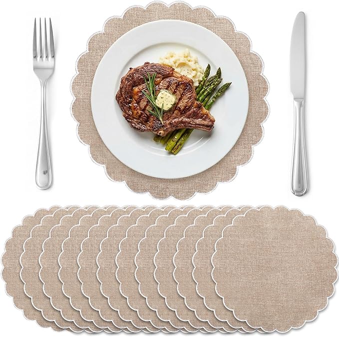 Set of 12 Beige Cotton Placemats 15 Inch Round Scalloped Embroidery Placemats Washable Double Layered Rustic Table Mat Fabric Napkins for Wedding Table Decor