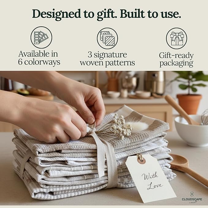CLOUDSCAPE Kitchen Towels Set of 6 : Cotton-Blended Dish Cloths, Waffle Weave Quick-Drying Dish Towels for Kitchen Essentials, Highly Absorbent, Durable 18”x28” Hand Towels with Hanging Loop - Beige