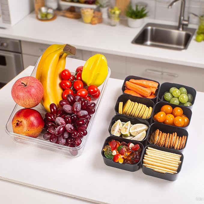 Dingerjar Divided Serving Tray with Lid and Handle - Snackle Box Charcuterie Container for Portable Snack Platters Organizer for Candy, Fruits, Nuts, Snacks - Perfect for Party, Entertaining, Black