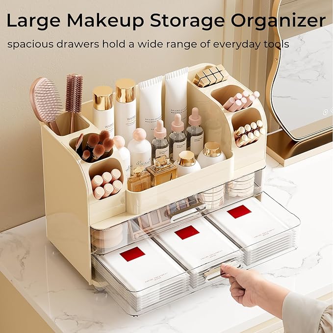 Makeup Organizer for Vanity with 2 Large Drawers, Cosmetic Display Case with Brush Holders, Easy to Storage for Bathroom Countertop Skincare, Perfume, Cream White