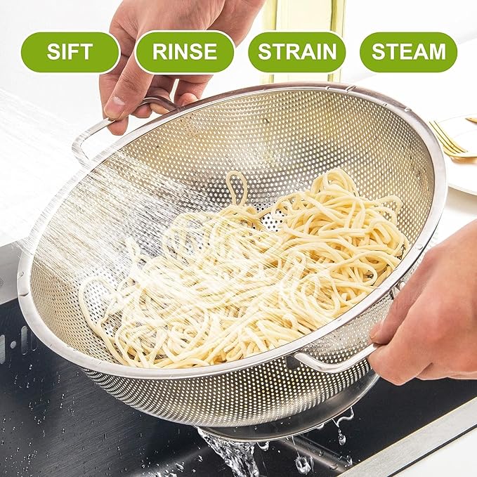 Gulex Stainless Steel Colander and Strainer Set(5-Quart and 3-Quart)， Strainer for Kitchen Food, Dishwasher Safe