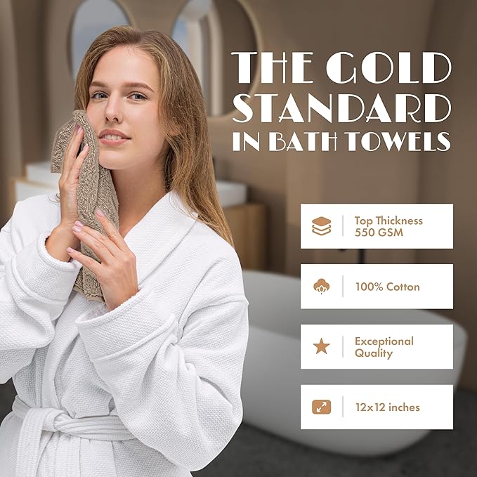 White Classic Taupe Washcloths Set for Body and Face Towel, Cotton Wash Cloths Bulk 12 Pack, Spa Fingertip Wash Clothes 12x12 Inch, Soft Absorbent Gym Towels