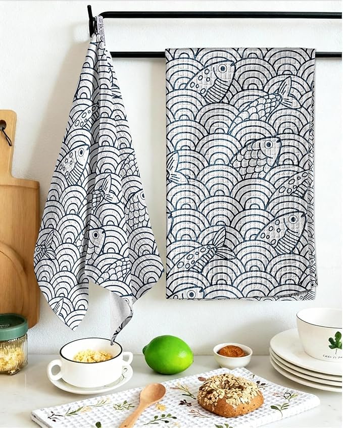Miss Adola Cotton Waffle Kitchen Towels – Cute 370 GSM 16x25 Inch Terry Cloth Waffle Decorative Dishcloth for Kitchen Set of 2 with Hanging Loops Absorbent Hand Tea Towel for Home Design, Fish