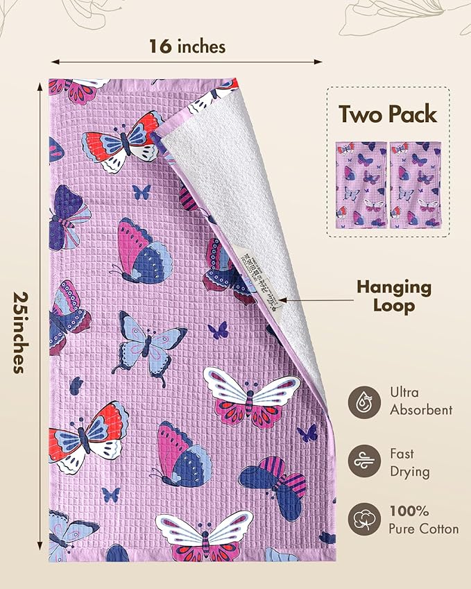 Miss Adola Cotton Waffle Kitchen Towels – Cute 370 GSM 16x25 Inch Terry Cloth Waffle Decorative Dishcloth for Kitchen Set of 2 with Hanging Loops Absorbent Hand Tea Towel for Home Design, Butterfly