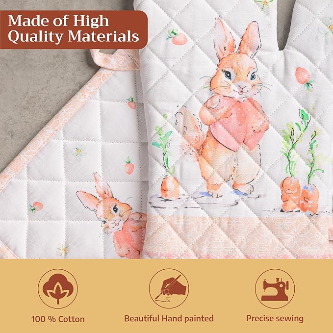 Maison d' Hermine 100% Cotton Oven Mitt & Pot Holder Set (7.5"x13" & 8"x8") Heat Resistant BBQ Cooking Gloves with Loop Baking Grilling Kitchen Gifts for Mothers Day Spring/Summer (Bunny Party)