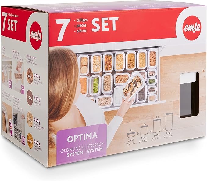 Emsa N11429 Optima 7-Piece Dry Storage Containers Set | 2 x 0.45/2 x 1/2 x 1.6/2.2 Litres | Rectangular | 100% Safe/Hygienic/Safe | Fresh Seal | BPA Free | Transparent Design