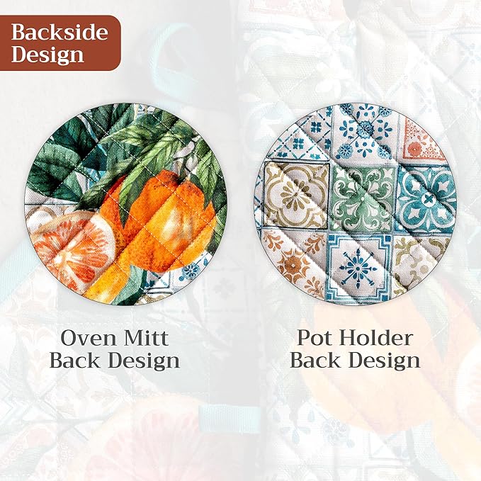 Maison d' Hermine 100% Cotton Oven Mitt & Pot Holder Set (7.5"x13" & 8"x8") Heat Resistant BBQ Cooking Gloves with Loop Baking Grilling Kitchen Gifts for Mothers Day Spring/Summer (Agrume)