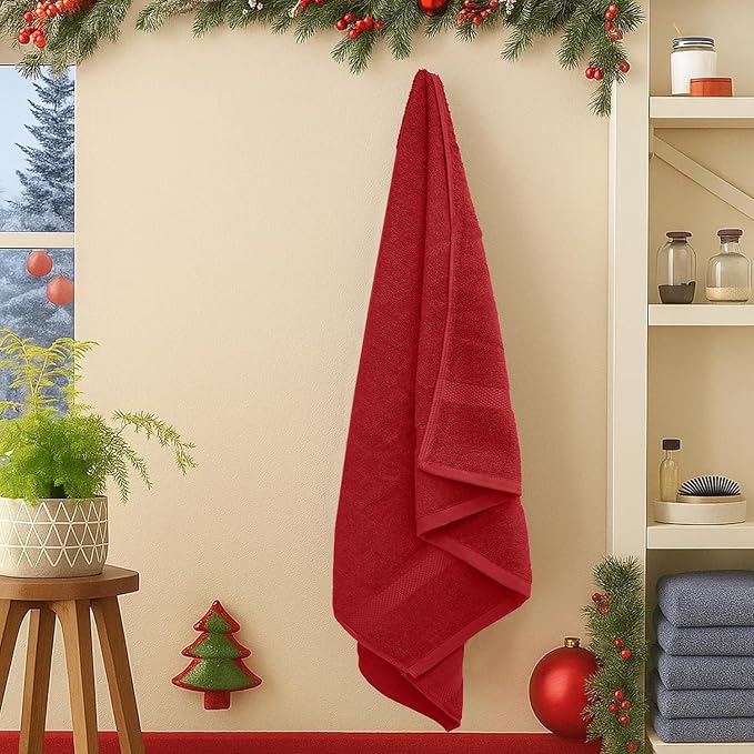 DAN RIVER Decorative Bath Towels Set of 4, 27 x 54 Inches for Your Loved Ones or a Festive Treat for Yourself. 100% Cotton, Larger & Lighter Weight, Ideal Red & Green Bath Towels.