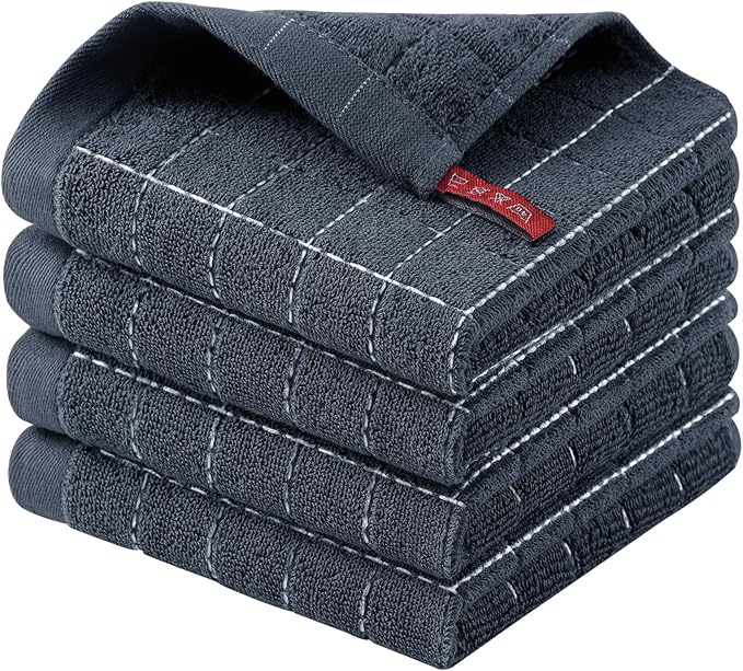 Homaxy 100% Cotton Terry Kitchen Dish Cloths, Ultra Soft and Absorbent Dish Towels for Kitchen, Suitable for Drying and Washing Dishes, 4 Pack, 12 x 12 Inches, Dark Grey