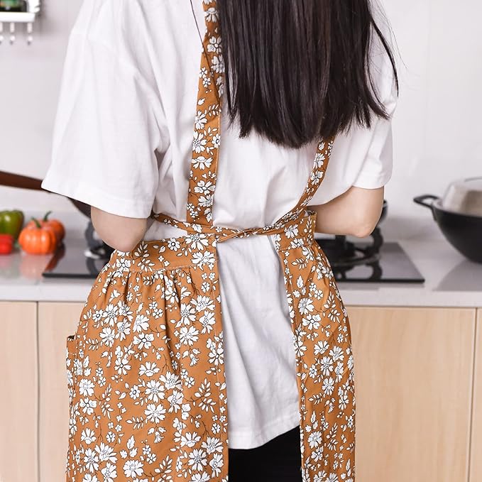 Pinknoke Vintage Pinafore Apron Dress for Women with Pockets Cute Floral Chef Aprons for Kitchen Cooking Baking Gardening