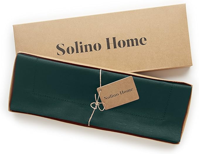 Solino Home Cloth Placemats Set of 4 - Cotton Linen Hemstitch Dark Green Placemats 14 x 19 Inch - Handcrafted and Machine Washable