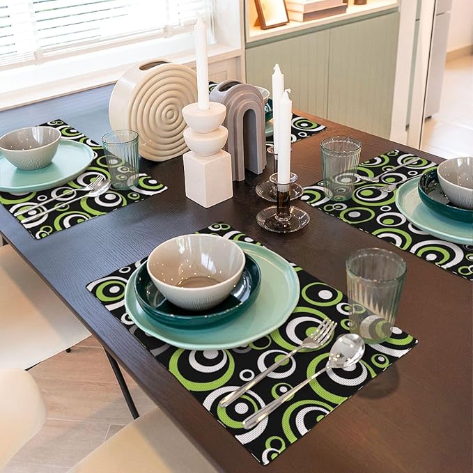 Black Green Geometric Circles Linen Placemats Set of 4, Washable Heat Resistant Green Table Mats for Dining Table Kitchen Wedding Farmhouse Party Coffee Shop, Modern Home Decor, 12" x 18" Place Mats