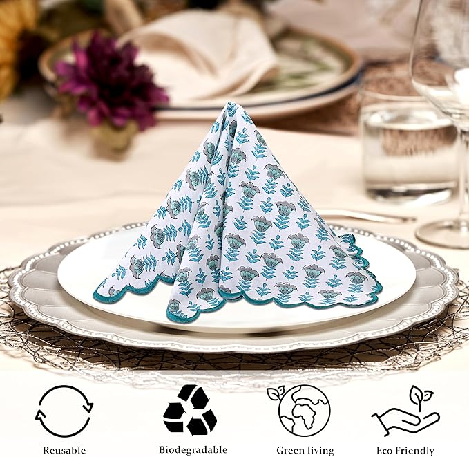 Ridhi Hand Block Print Aquamarine Blue 18" x 18" (Set of 4) Embroidery Table Napkins Reusable Cotton Dinner Napkins for Weddings, Parties, Everyday Dining Gift for Spring, Easter, Valentine