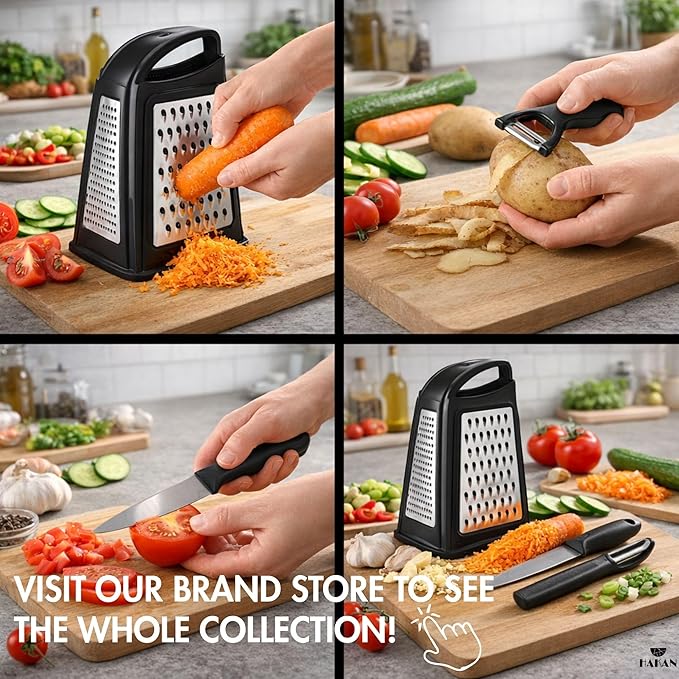 Hakan Grater, Chop and Peel Set | Handheld 3-Sided Grater with Multiple Shred Sizes, Y-Shaped Vegetable Peeler, I-Shaped Food Slicer & Spear Knife | Stainless Steel Kitchen Tools | Black, 4 Pcs