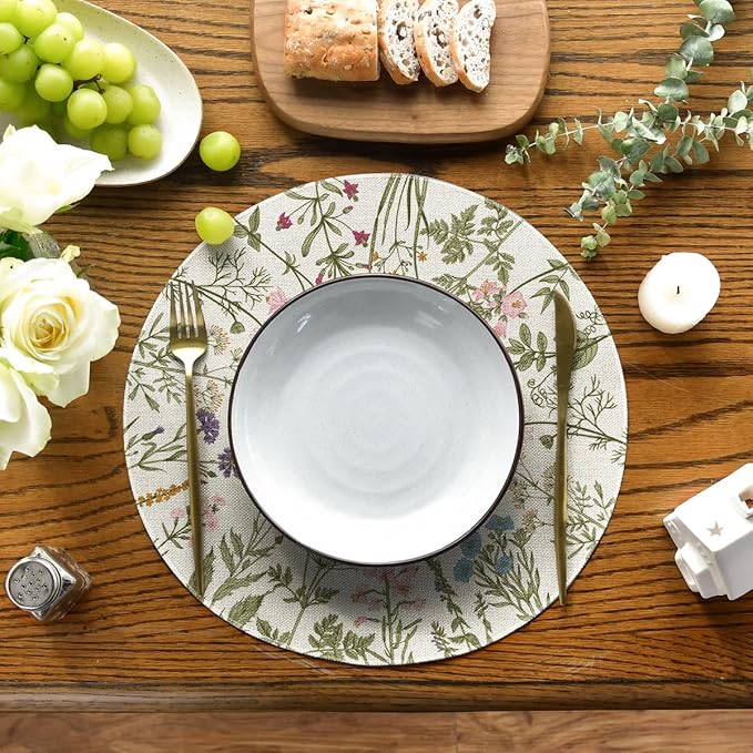 Artoid Mode Antique Herbs Wild Flowers Spring Round Placemats Set of 6, 14 Inch Summer Round Table Mats for Dining Decoration