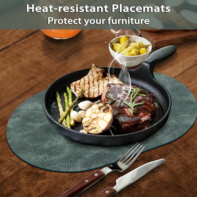 ADRIMER Placemats, Heat Resistant Oval Placemats Set of 8 Washable 12 x 17 Inch, Waterproof Table Mats, Wipeable Pu Place Mats for Kitchen, Dining Room, Blue & Green