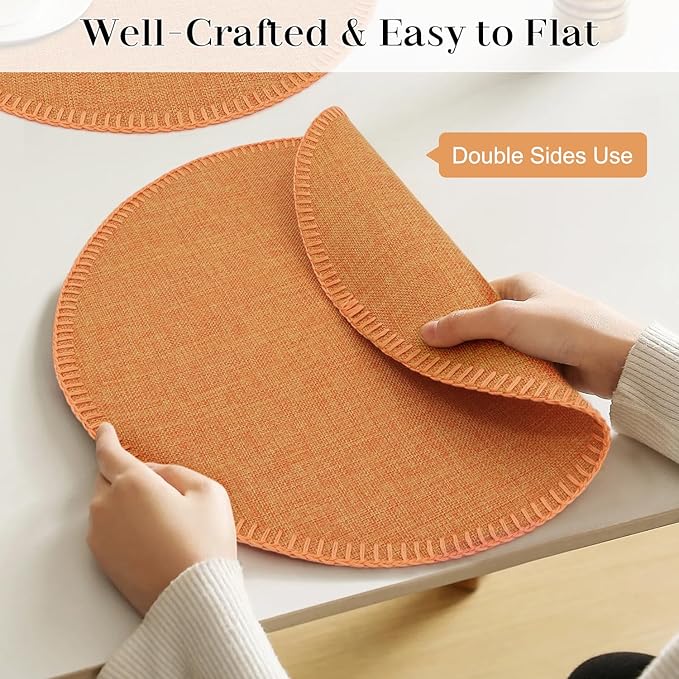 Round Placemats Set of 6, 15 Inch Linen Fabric Table Placemats, Heat Resistant, Wrinkle Free Washable Placemats Kitchen Place Mats Set of 6 for Dining Table Party Table (Orange, 6)