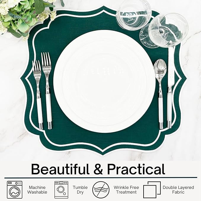 Cotton Linen Placemats Set of 4 - Double Layered, Machine Washable, Wrinkle Resistance, Scalloped & Embroidered Cloth Table Mats - Spring, Summer Mat, Gift for Mom, 19 x 17 inch, Green
