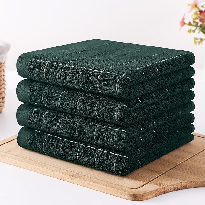 Homaxy 100% Cotton Terry Kitchen Towels(Blackish Green, 13 x 28 inches), Checkered Designed, Soft and Super Absorbent Dish Towels, 12 Pack