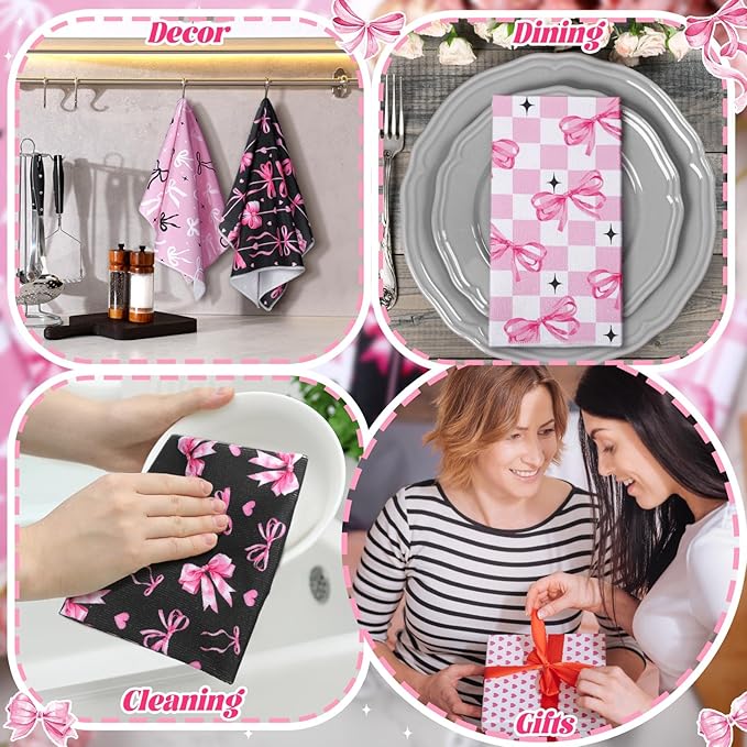 Bencailor 6 Pcs Pink Bow Kitchen Towels Decorative Sets Dish Towels Absorbent Fast Drying Hand Tea Vintage Hanging Reusable Cleaning Dishcloths for Cooking Farmhouse Bathroom Accessory