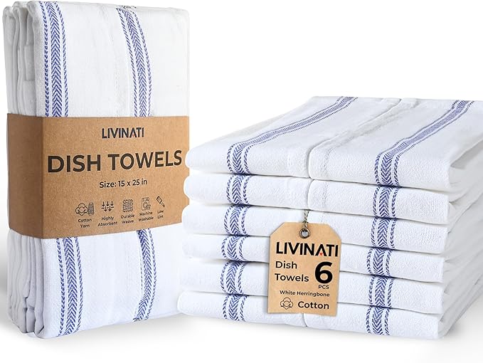 Bulk Kitchen Towels Cotton for Chefs in Commercial Restaurants - 15"X25" - 6 Pack - White Linen Tea Dish Towels - Lint Free Soft Absorbent Side Blue Striped Herringbone Weave Towles