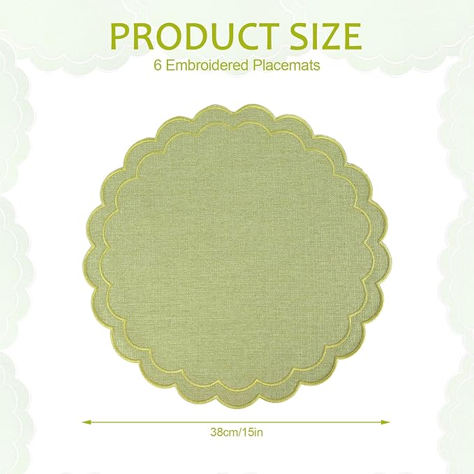 Set of 6 Cotton Linen Placemats, 15" Scalloped Flower Embroidery Cloth Table Mats Double Layered Fabric Machine Washable Wrinkle Free Dining Placemat for Hotel Restaurant Kitchen, Green