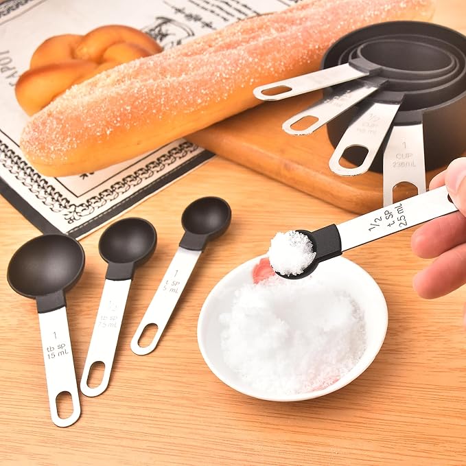 Measuring Cups and Spoons Set, 8-Piece Stackable Kitchen Measuring Set for Cooking and Baking, Durable Plastic Cups with Stainless Steel Handles, Easy-Grip, Nesting Design, Black