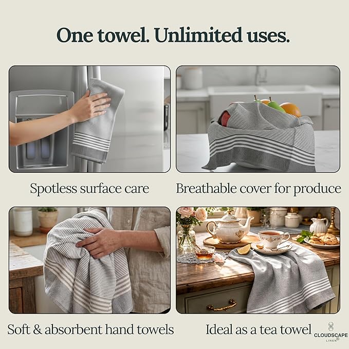 CLOUDSCAPE Kitchen Towels 12 Set 18”x28” Cotton Blended Hand Towels with Hanging Loop - Quick-Drying Dish Towels for Kitchen Essentials, Highly Absorbent, Dish Cloths Set for Washing Dishes - Grey