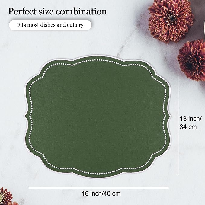 Cotton Linen Placemats Set of 4 - Double Layered, Luxury Scalloped Embroidered Cloth Table mats - Holidays, Christmas, Washable Mat, 16 x 13 inch (Green)