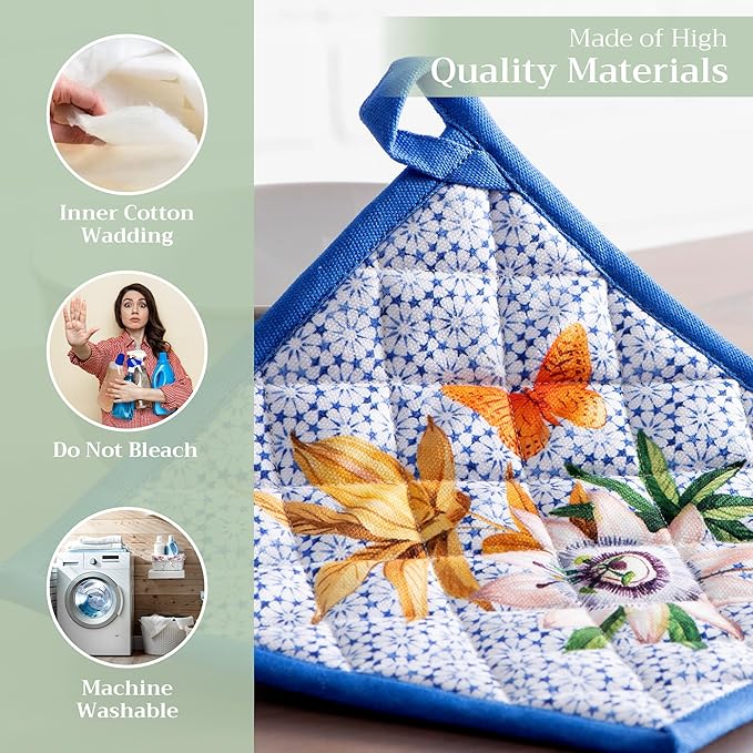 Maison d' Hermine Pot Holders 100% Cotton Heat Resistant Potholders 8" x 8" Hot Pads with Loop BBQ Cooking Baking Gifts for Mothers Day Handling Hot Pans Spring/Summer (Pack of 2, Passiflora)