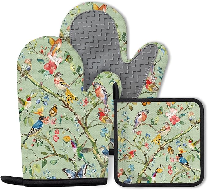 Bird Oven Mitts and Pot Holders Sets 3PCS, Floral Botanical Print Silicone Oven Mitts Birthday for Bird Lover Garden Kitchen, Song Birds Heat Resistant Non-Slip Oven Gloves for Mom Wife Sister BFF