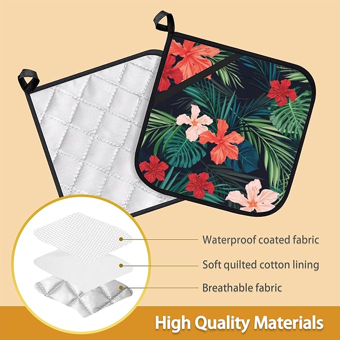 Tropic Hawaiian Hibiscus Flower Pot Holder Set of 2,Heat Resistant Potholders Oven Hot Pads for Kitchen Cooking Baking BBQ