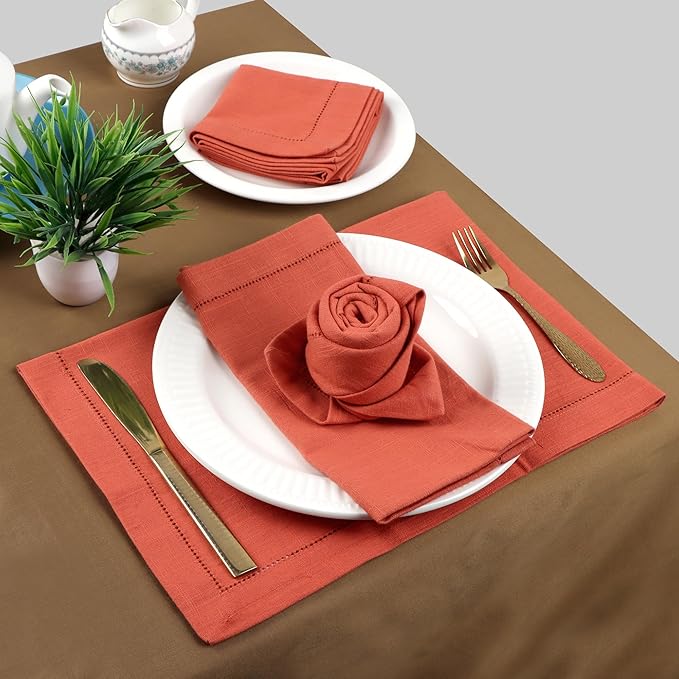FINGERCRAFT Cloth Napkins, Hemstitched Napkins Cloth, 20 x 20 Inch Generous Picot Hem and Mitered Corner, Everyday Use Premium Quality Perfect for Parties Dinners Weddings Cocktail Set of 6 Rust