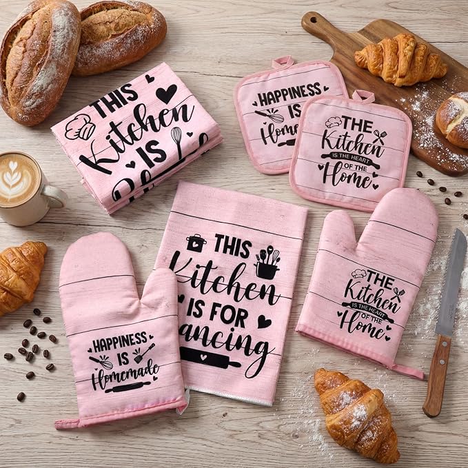 Fourluoo 8 Pcs Pink Kitchen Towels and Dishcloths Sets Oven Mitts and Pot Holders Sets Absorbent Kitchen Gloves Potholders Heat Resistant for Chef Baking Cooking