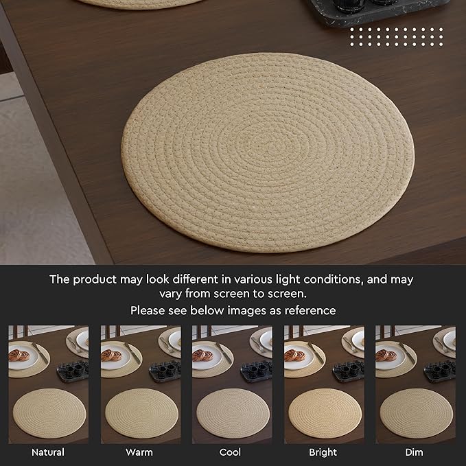 Encasa XO Dining Placemats Set of 6 | Cotton Round Table Mat - 13 in Diameter | Beige Mix Combo | Handmade Rib Style Chargers for Dinner Plates
