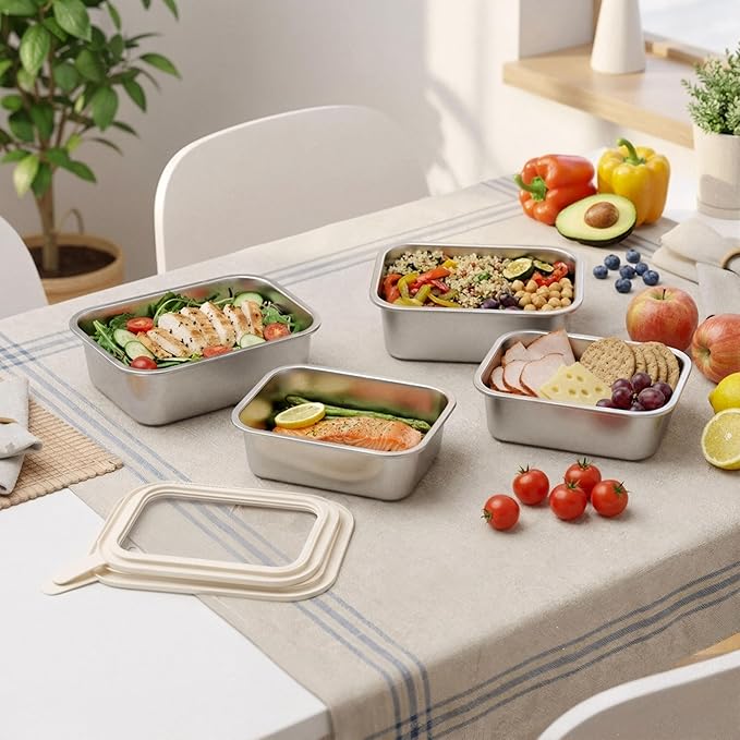 Stainless Steel Food Containers with Glass Lid, Airtight Leakproof Stainless Steel Storage Containers in set of 4, Rectangle Shape, Microwave Safe Food Container Set, 100% Plastic Free, BPA Free