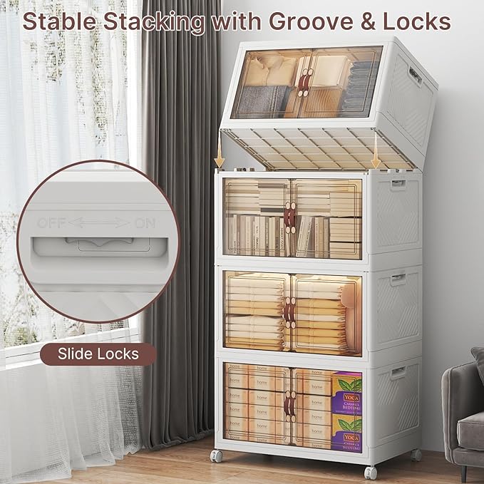 UAMFURI Stackable Storage Bins with Lids, 960QT Closet Organizers, Lockable Storage Cabinet, Foldable Storage Box with Doors and Wheels, Plastic Drawers for Home, Garage, Office (8, White, Large)