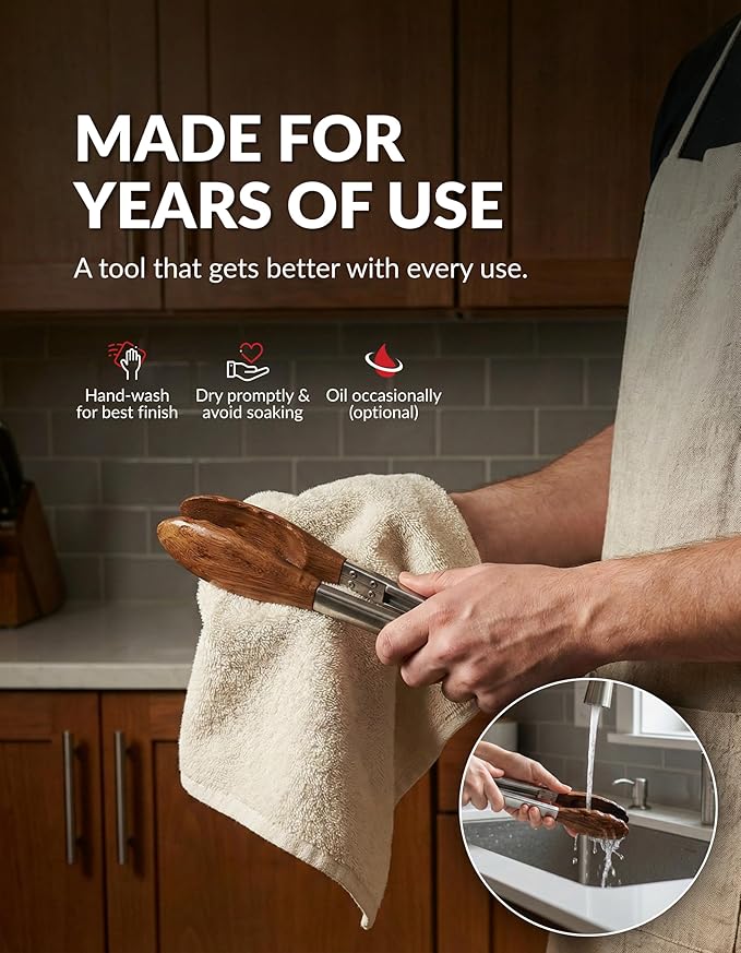 Boxiki Kitchen 9 Inch Tongs for Cooking with Wooden Tips - Nonstick Kitchen Tongs for Serving Food, Cooking, BBQ and Tossing Salad - Made of Walnut Wood