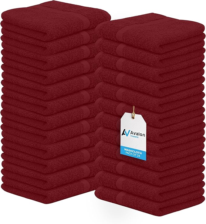 Avalon Towels Cotton Washcloths 24-Pack – 12 x 12 Inch Red Super Soft & Absorbent Ring-Spun Cotton Wash Cloths for Face, Bath, Spa, Gym, Hotel & Cleaning