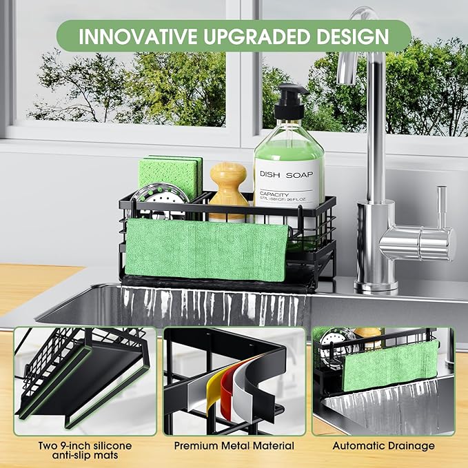 Self-Draining Kitchen Sink Caddy, Rustproof Non-Slip Metal Sponge Holder with Detachable Dish Cloth Holder (Black)