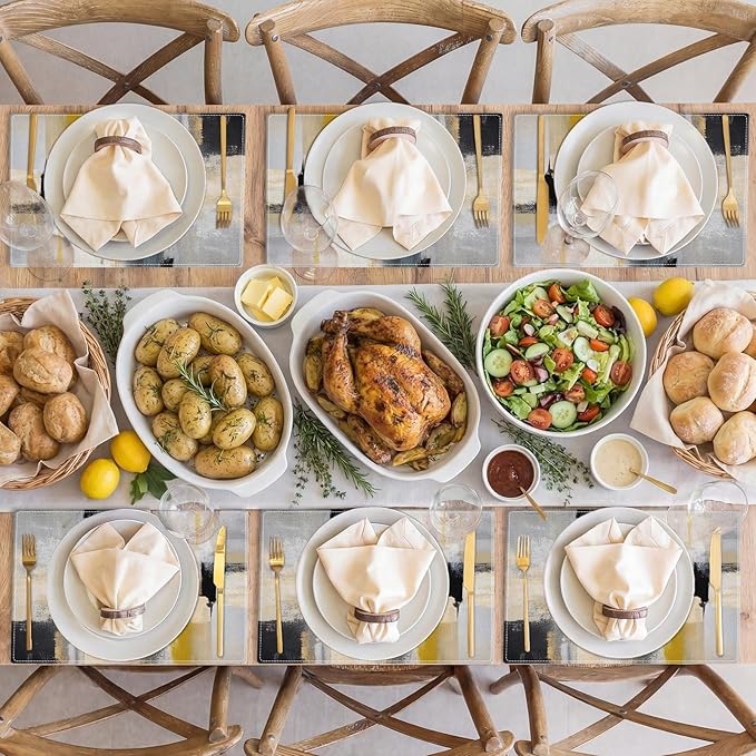 Emvency Farmhouse Placemats Set of 6, Modern Neutral Mustard Minimalist 12x18 Inch Linen Rectangular Place Abstract Beige Table Mats for Indoors & Outdoor Home Party Kitchen Dining Decoration