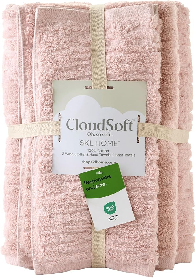 SKL Home CloudSoft 100% Cotton Luxury 6-Piece Towel Set, 600 GSM, Ultra Plush & Absorbent - 2 Bath Towels, 2 Hand Towels, 2 Washcloths, Blush Pink