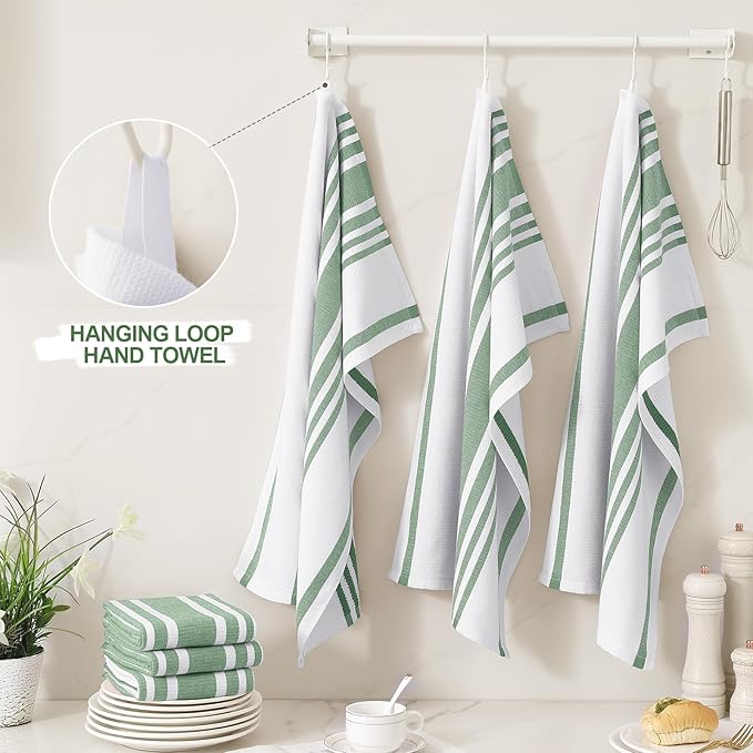 Homaxy Premium Kitchen Towels 18”x 28”, Large Cotton 380 GSM Kitchen Hand Towels, Stripe and Terry Dish Towel, Highly Absorbent Tea Towel Set with Hanging Loop, 8 Pack, Grass Green