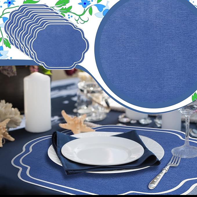 Breling 6 Pcs Wedding Placemats Scalloped Embroidered Cotton Linen Placemats 17" x 13" Double Layered Machine Washable Table Place Mat for Party Table Decor (Navy Blue)