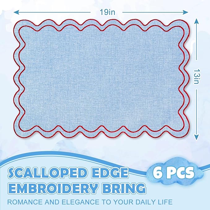 Whaline Red Blue Placemats Embroidered Scalloped Kitchen Place Mats for Birthday Baby Shower Party Home Dining Table Decor, Set of 6, 13 x 19 in