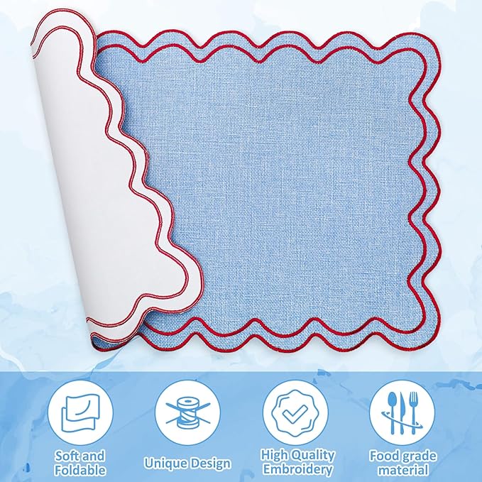 Whaline Red Blue Placemats Embroidered Scalloped Kitchen Place Mats for Birthday Baby Shower Party Home Dining Table Decor, Set of 6, 13 x 19 in