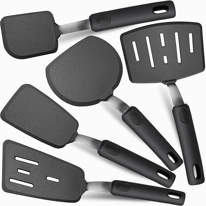 Silicone Spatula Set for Nonstick Cookware, Mixed 5 Piece 600°F Heat-Resistant Kitchen Cooking Utensils Set for Egg,Pancake,Burger - Entire Stainless Steel Core with Silicone, Dishwasher Safe,Black
