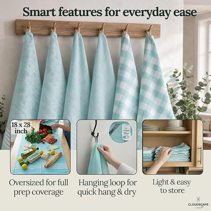 CLOUDSCAPE Kitchen Towels Set of 6 : Cotton-Blended Dish Cloths, Waffle Weave Quick-Drying Dish Towels for Easter Kitchen Accessories, Highly Absorbent, 18”x28” Hand Towels with Hanging Loop - Aqua