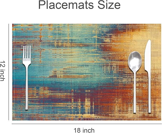 Farmhouse Placemats Set of 4 Blue Orange Teal Place Mats Modern Rustic Kitchen Table Mats - Linen Fabric Heat Resistant Wipeable Washable Placemat for Dining Coffee Table 12x18Inch